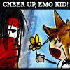 Colored sketch of Vincent Valentine from Final Fantasy 7 and Sora from Kingdom Hearts giving him a flower with the text "Cheer up, emo kid!"